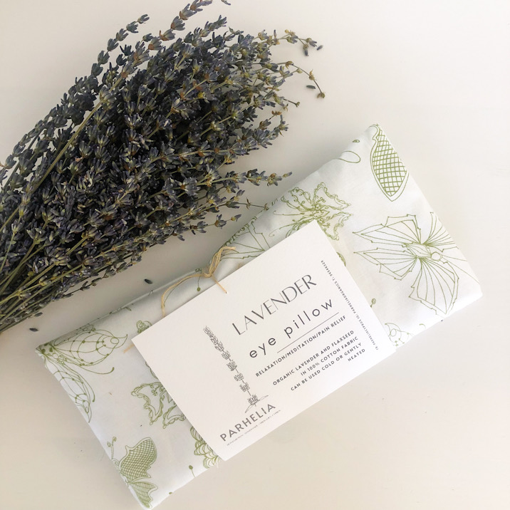 Lavender eye pillow for relaxation in white and green butterflies